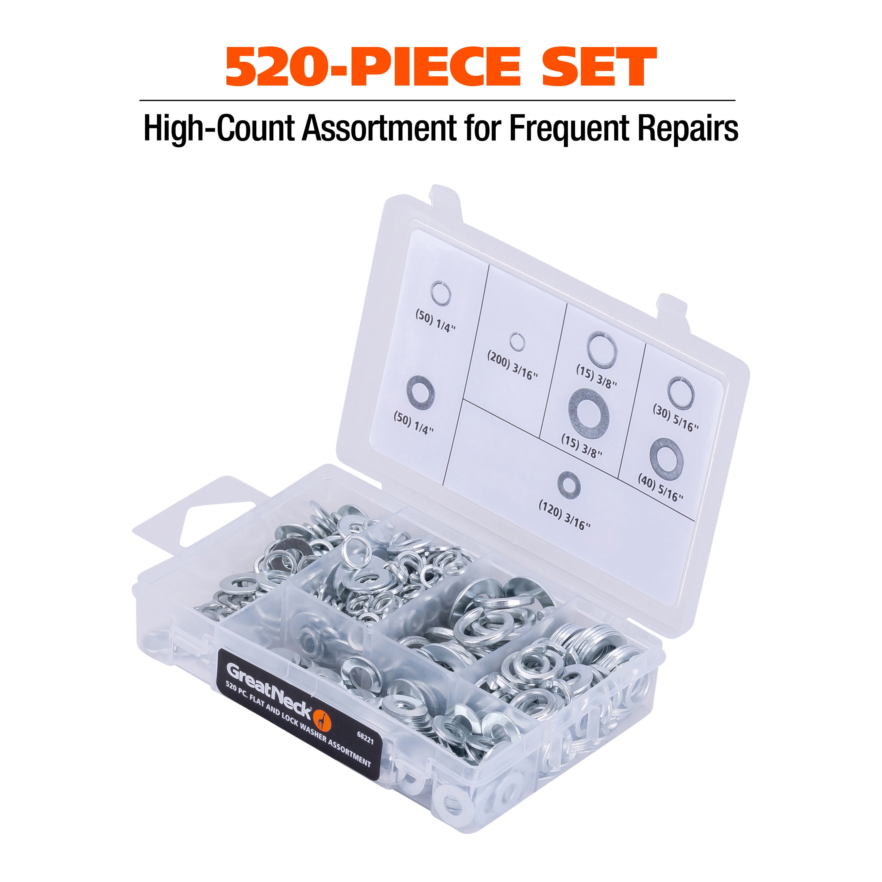Great Neck Tools Flat & Lock Washer Assortment, 520 Piece Set