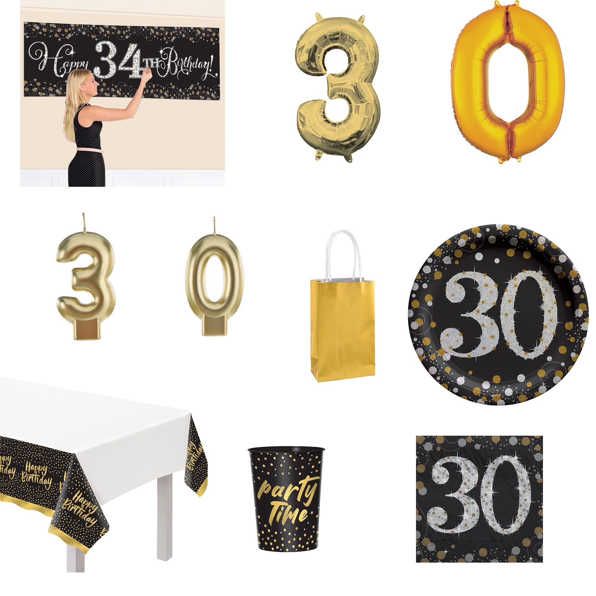 Amscan 30th Birthday Party Kit Table Cover Plates Cups Banner Balloons Candles & Gift Bags
