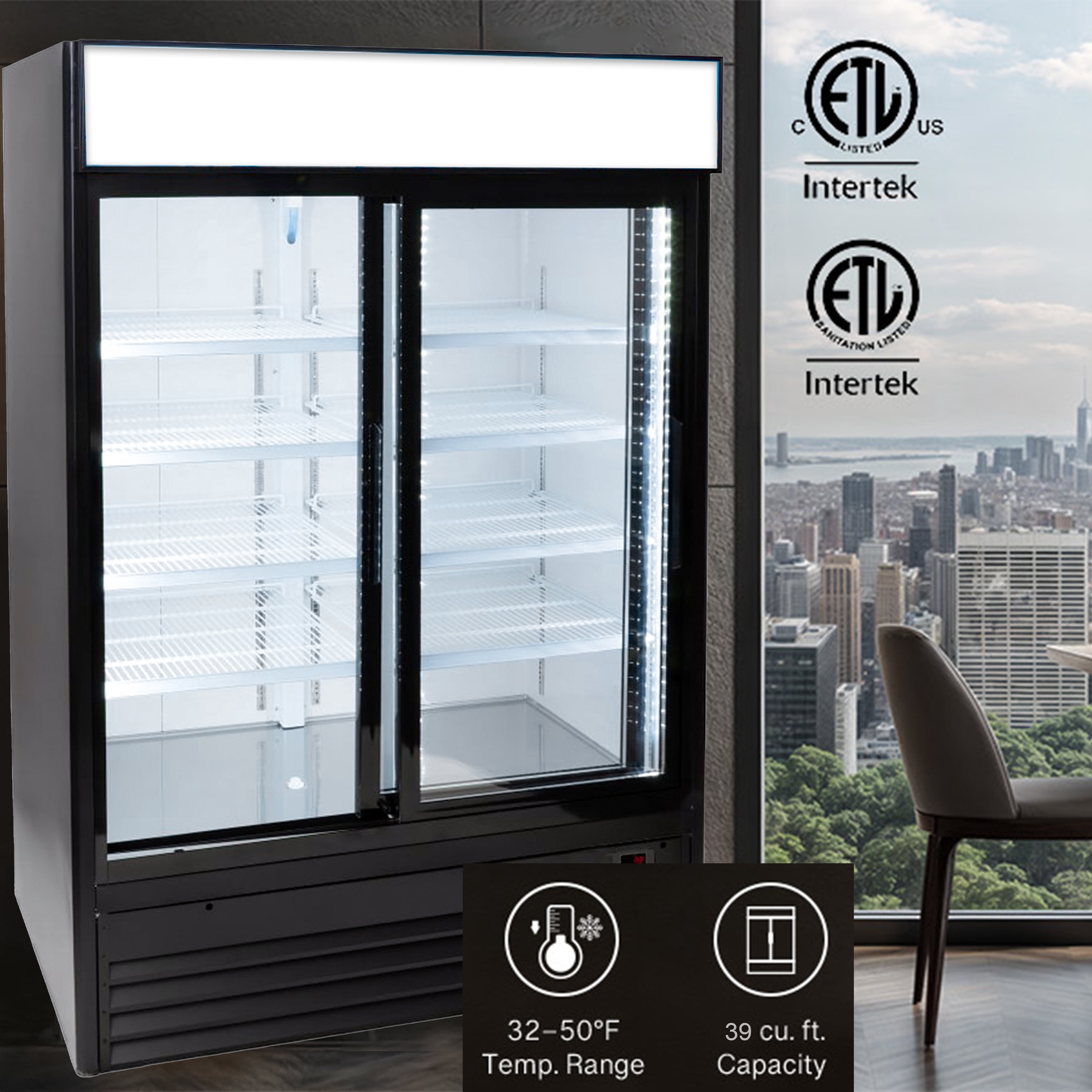 NSF 54" 2-Door Sliding Glass Door Beverage Refrigerator, 39 Cu.Ft. Commercial Merchandiser Cooler, R290
