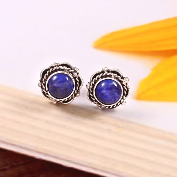 Lapis Lazuli Stud Earrings – 925 Sterling Silver Round Natural Lapis Gemstone Studs for Women, Handmade Floral Boho Blue Stone Jewelry Gift