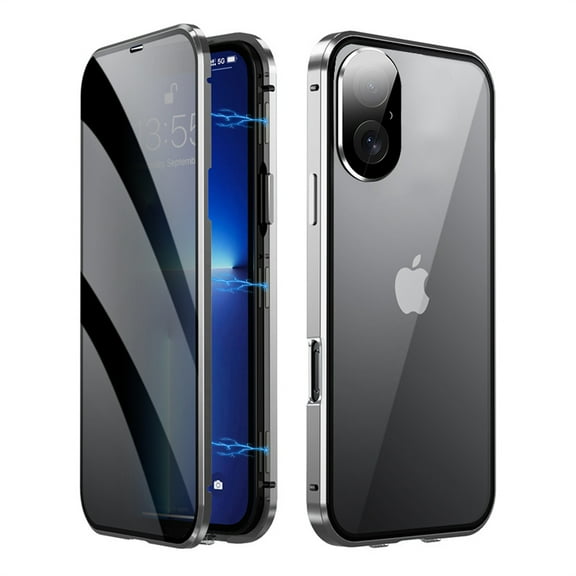 Privacy Magnetic Case for iPhone 16, Anti Peeping Clear Double Side Tempered Glass [Magnet Absorption Metal Bumper Frame] Thin 360 Full Protective Phone Case with Lens Protector, Silver
