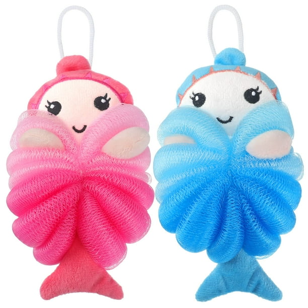 Esponjas de baño para niños, puf de baño de lufa, depurador corporal, esponjas de lufa de malla para niños, lavado de ducha, exfoliante (sirena), 2 uds.
