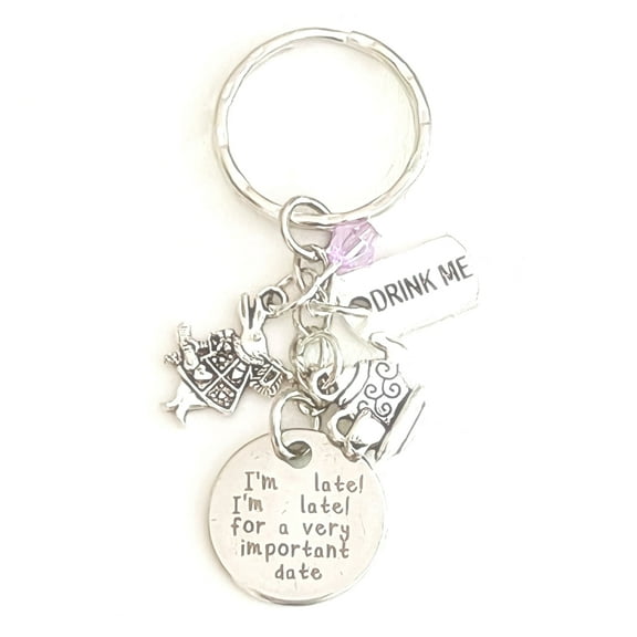 Hanalea Island Jewelry Co. I'm Late, I'm Late for a Very Important Date White Rabbit Alice in Wonderland Drink Me Silver Charm Keychain Accessories Gift | Merchandise for Women