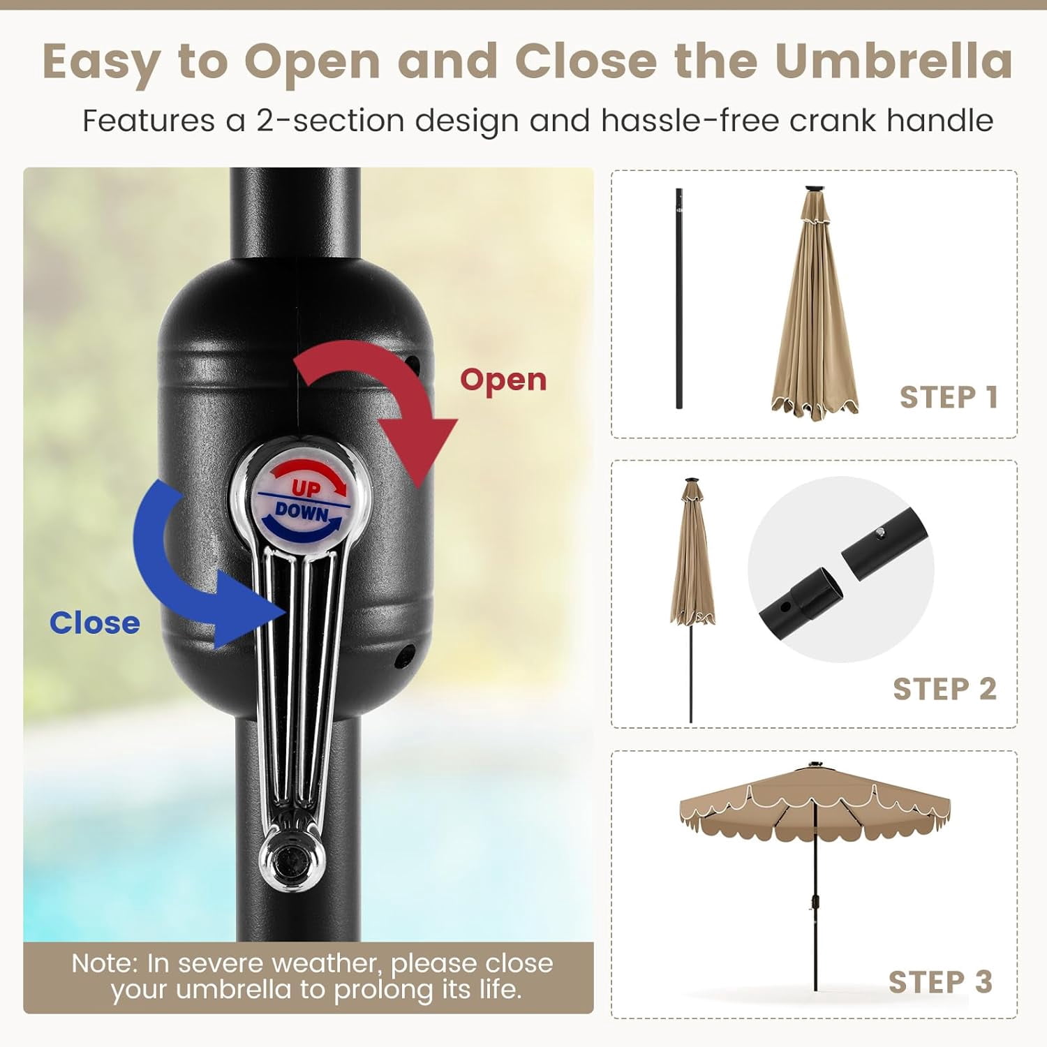 ZYPPP  9 FT Solar Patio Umbrella, 2-Tiers Scalloped Outdoor Table Market Umbrella with 32 LED Lights, Vented Top, Tilt Adjustment, Crank, 8 Ribs for Backyard Poolside Deck Beach Lawn (Coffee)
