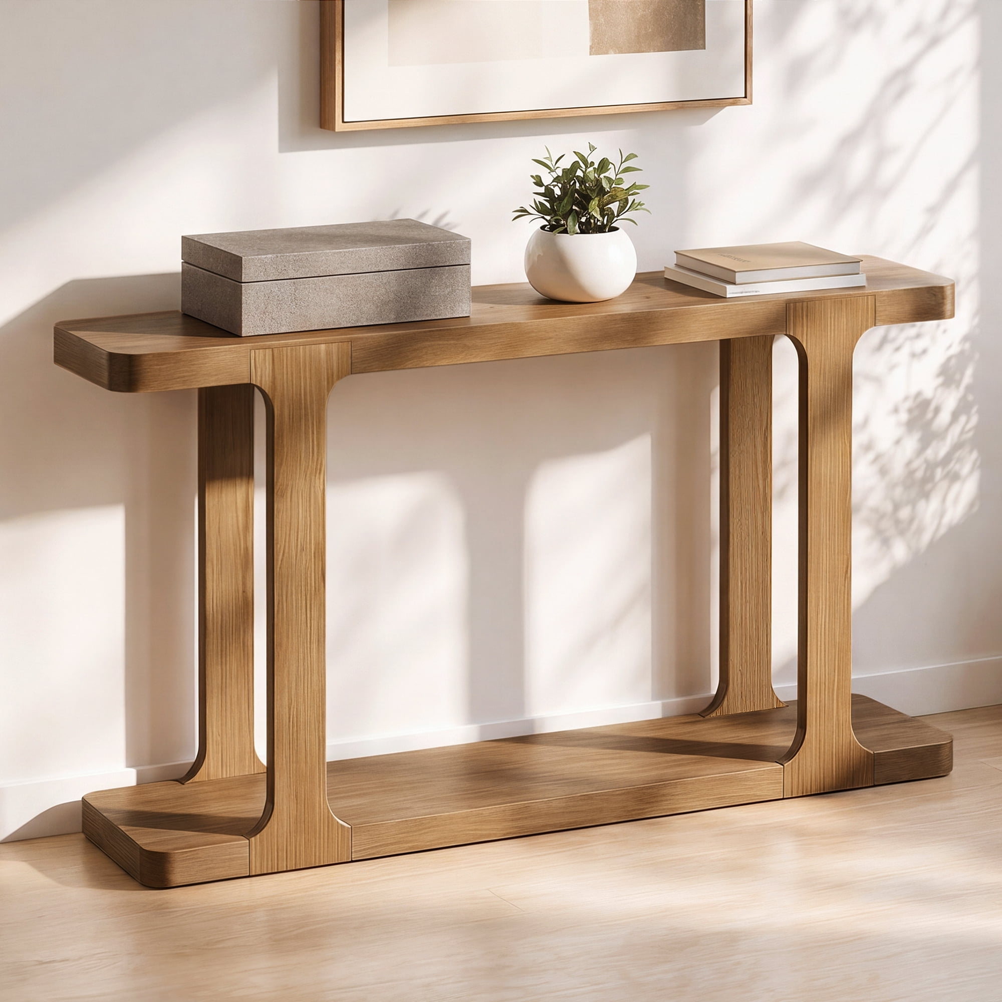 Mintazer 50" Mid Century Modern Console Table, Entryway Table with U-Shaped Cutout Legs & 2 Tier Storage Shelves, Anti-Tip Sofa Table for Hallway Living Room Foyer, Natural