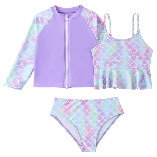 PMVFHDE Scale Pattern Girls Long Sleeve Zip Up Rash Guard Two Piece Swimwear Set With Matching Shorts Purple,3-4 Years