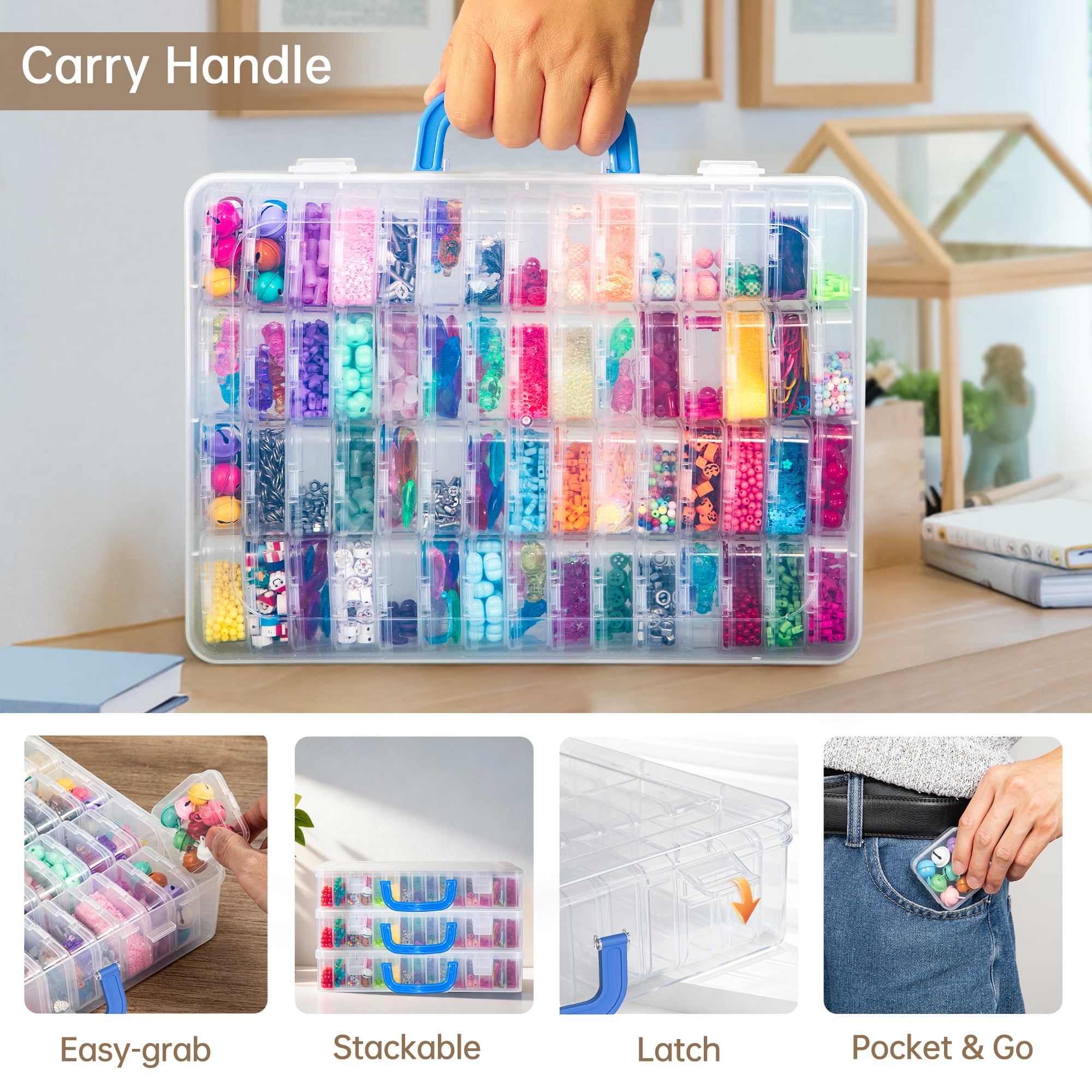 Bead Organizer Box with Handle, 60Pcs Small Bead Storage Boxes with Hinged Lid and Portable Craft Case, Mini Clear Plastic Container for Jewelry Making Supplies Bracelet Screws Seeds Nails Small Part