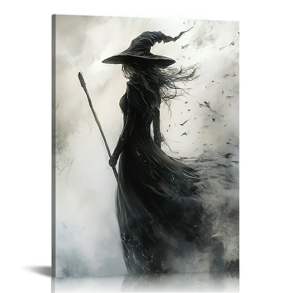 Vintage Halloween Witch Canvas Wall Art Painting ，Gothic Print Pictures for Home Wall Decor Retro Horror Creepy Dark Posters for Living Room Bedroom Bar Home Halloween Party Decor Framed ﻿