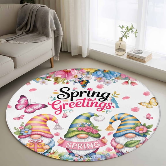 Spring Gnomes Round Area Rug 4Ft Washable Circle Rugs for Bedroom Dining Room, Colorful Flowers Watercolor Butterfly Floral Plant Non-Slip Carpet Floor Mats Indoor Outdoor Carpet Runner Home Decor