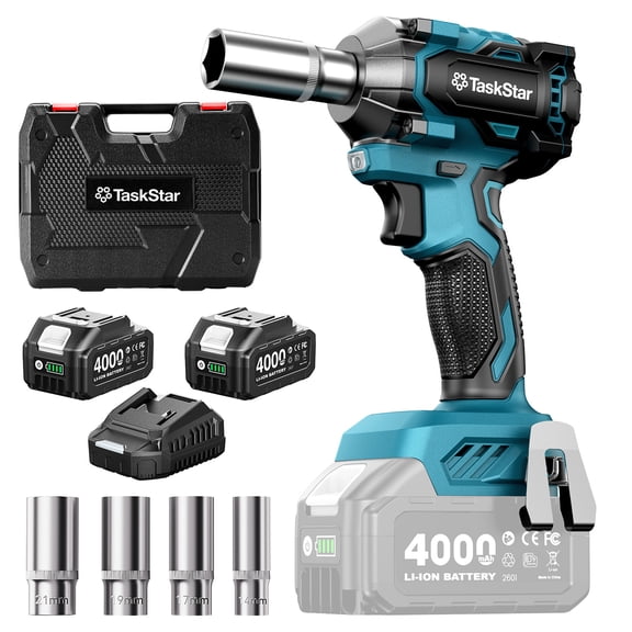 3/8 inch Brushless Impact Wrench 330 ft-lbs / 450 N·m High Torque with 2x 4Ah Battery, Charger, 4 Sockets