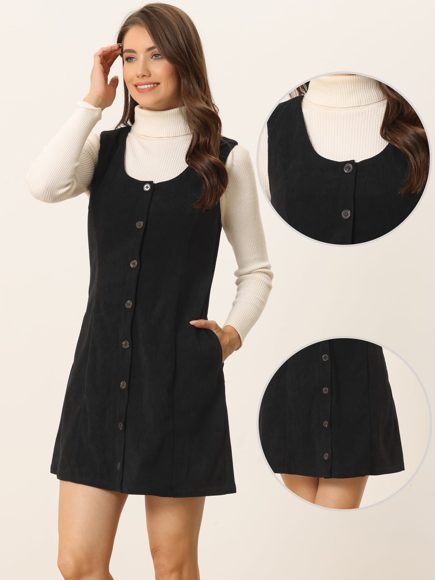 DARING DIVA Women's Corduroy Button Down Pinafore Overall Dress XS Black