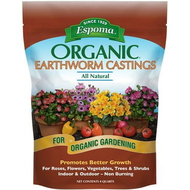 Espoma Organic Earthworm Castings All-Natural Plant Food for Indoor/Outdoor Plants, for Organic Gardening, 4qt