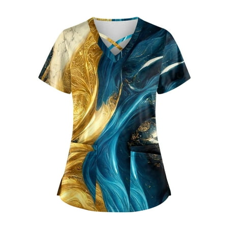 

Yubatuo Women Plus Size Scrubs Top with Pockets V-Neck Short Sleeve Printed Work Blouse for Women Gold 5XL
