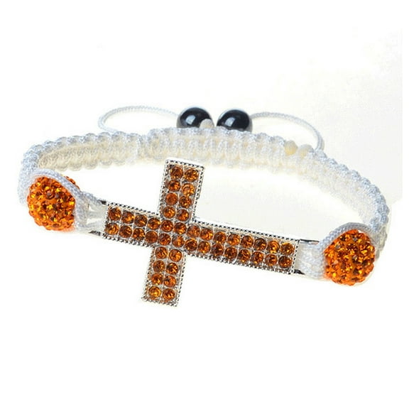 Silver-Tone Cross Orange CZ White Cord Macrame Beaded Adjustable Bracelet