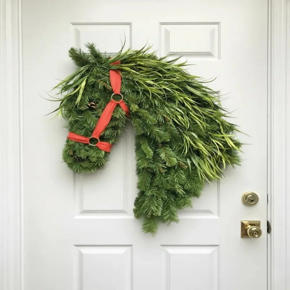 Horse Head Wreath – 40×30cm Rustic Farmhouse Equestrian Christmas Decor, Handmade Faux Greenery with Red Bow, Front Door & Porch Holiday Wreath