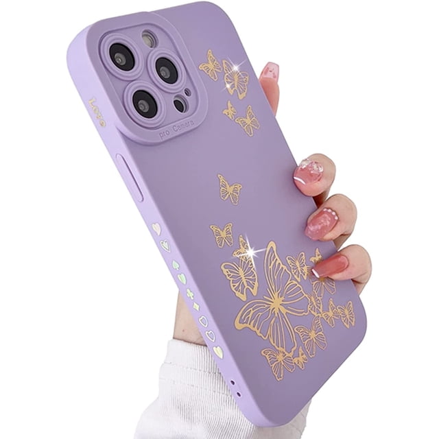 Compatible with iPhone 13 Pro Max Case, Butterfly Pattern with Side Plated Heart Pattern Soft Silicone Shockproof Full Camera Lens Cute Case for iPhone 13 Pro Max for Women Girl,Blue