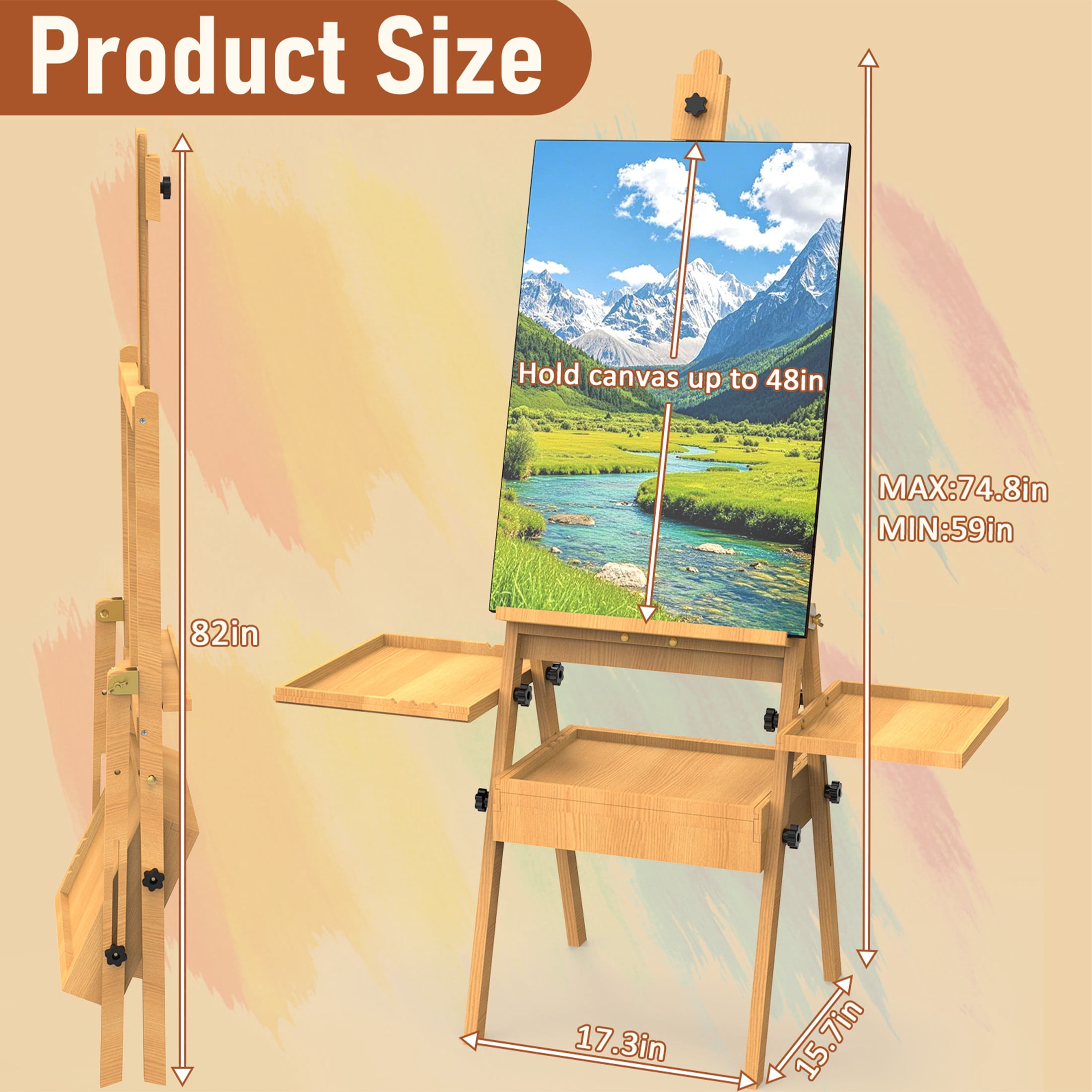 Yacona Art Easel for Painting, Wooden Easel for Adults, H-Frame with Storage Drawer, Natural Style