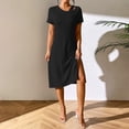 thumbnail image 2 of Hwmodou Women Dresses Spring/Summer Fashion Solid Color Sexy Split Slim Fit Short Sleeve Simple Vacation Temperament Dress Traval Female Sundress, 2 of 8