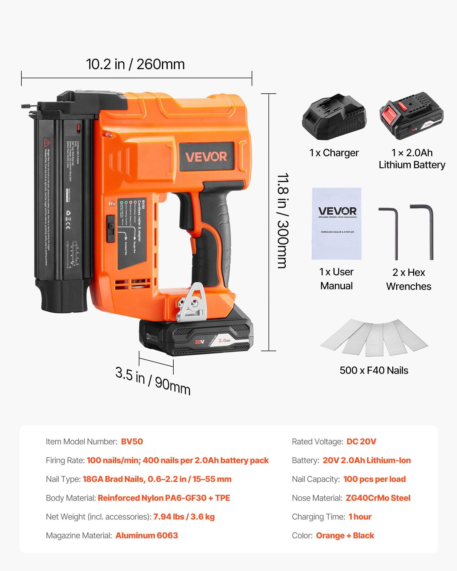 20V Cordless 18-Gauge Brad Nailer Kit with 2.0Ah Battery, Fast Charger, 500 Nails, Precision Depth Control, Designed for DIY Enthusiasts and Home Woodworking
