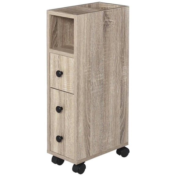 GVN Bathroom Storage Cabinet, Bathroom Floor Cabinet,Bathroom Cabinet with 2 Open Cabinets, 1 Door Cabinet, 1 Drawer and 4 Rolling Wheels, Oak Grain Color