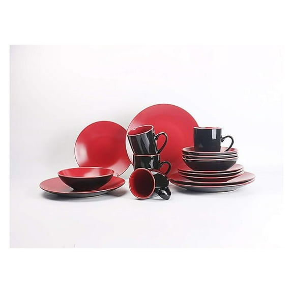 Stoneware Dinnerware Set, 16pc Two-Tone Black & Red Tableware - Service for 4, Durable Coupe Design, Dishwasher & Microwave Safe
