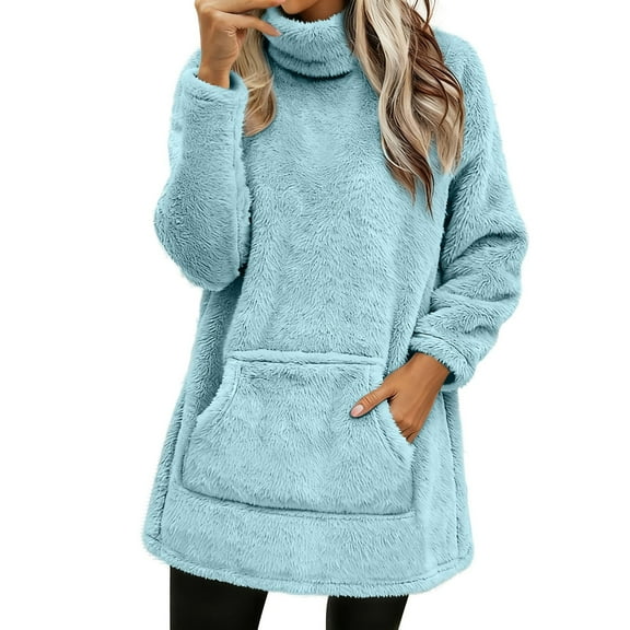 Fleece Sweatshirts for Women Mock Turtleneck Fall Winter Warm Sweater Plus Size Tunic Pullover Tops with Pockets, Sky Blue 2XL