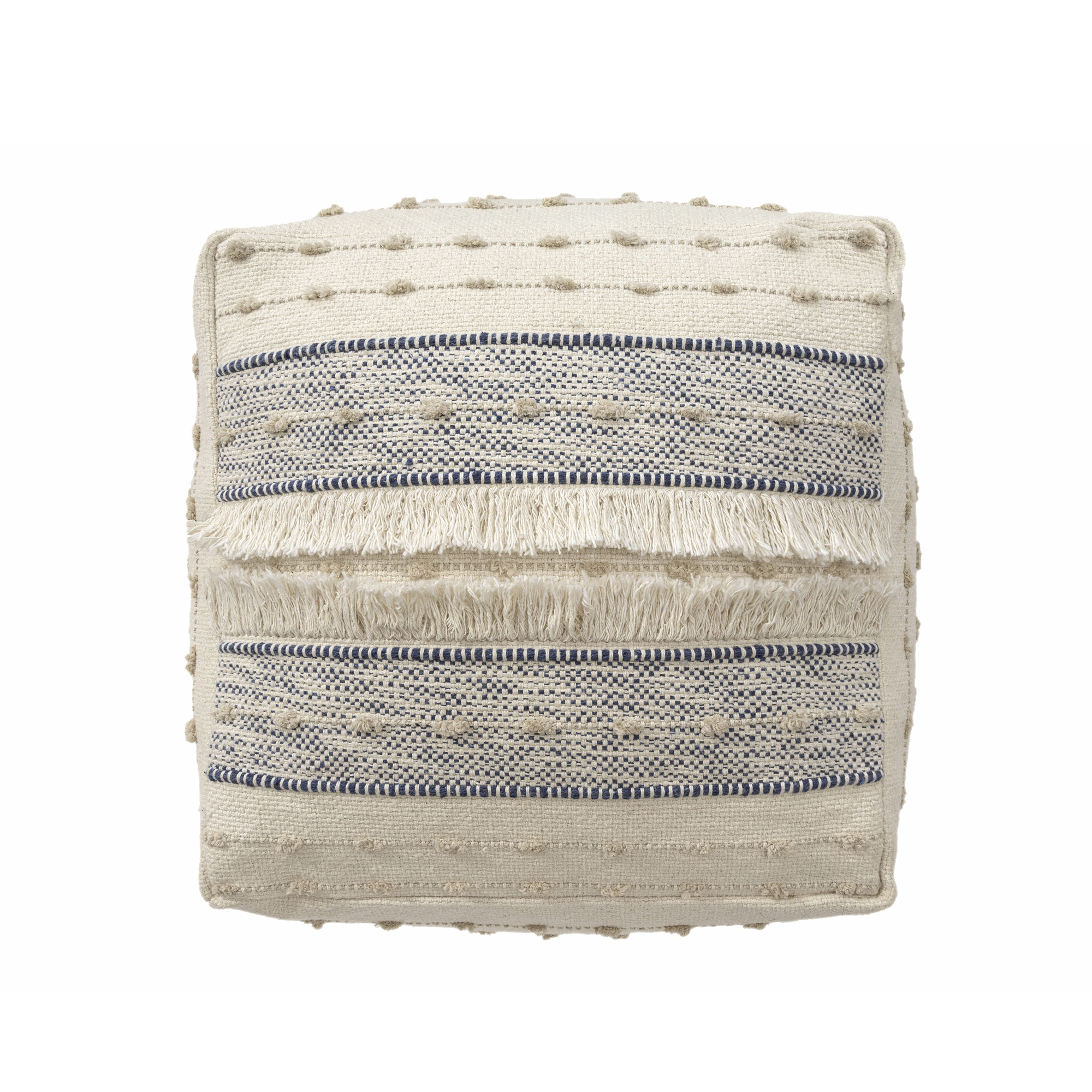 Ox Bay Tristan Striped Handmade Cotton Medium Square Pouf Ottoman, Navy/Ivory, 18" x 18" x 14"