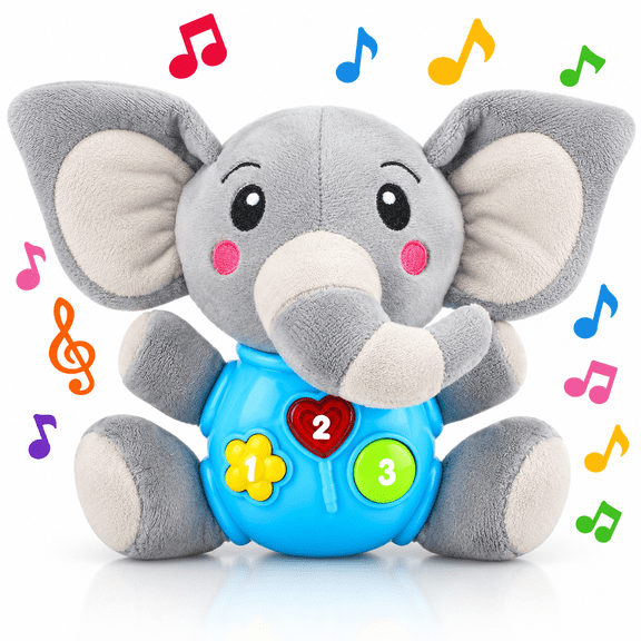 JBeeCtrl Toy for 1 Year Old Light Up Musical Elephant Plush Toy Soft Stuffed Animal with 12 Songs & Sound Effects 1st Birthday Shower Gift Easter Basket Stuffer