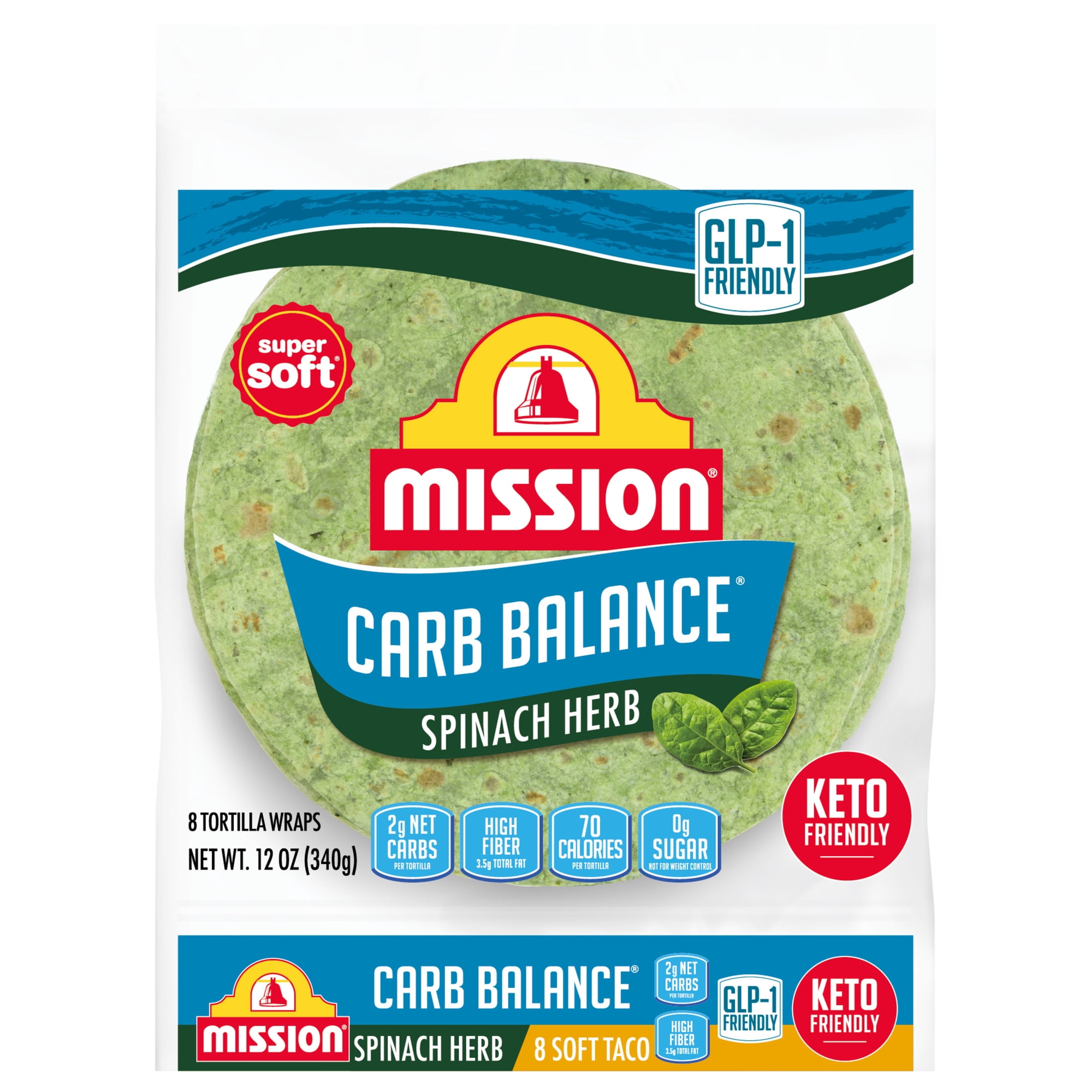 Mission Carb Balance Spinach & Herb Flour Tortillas, Soft Taco Size, 8 Count