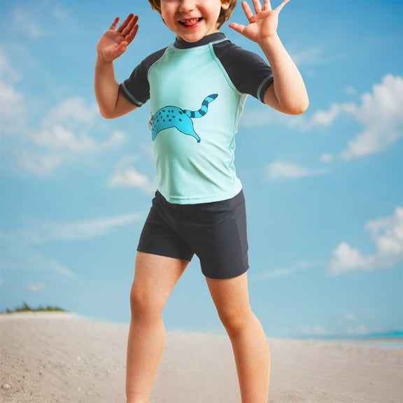 Odeerbi 4-8 Years Kids Boys Two Pieces Athletic Training Swimsuit Summer Beach Surfing Swimsuit Cute Beachwear Short Sleeve Seaside Swim Trunks Set