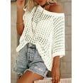 thumbnail image 2 of Womens Summer Scoop Neck Short Sleeve Sweater Casual Crochet Hollow Out Knit Tops Pullover Shirts Beach White M, 2 of 4