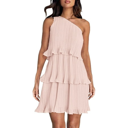 JBXKXYW Spring Dresses for Women 2024 Women s 2024 Summer Sleeveless Mini Dress Boho One Shoulder Ruffle Tiered Layered Chiffon Flowy A Line Sundresses Dresser (Pink XL)