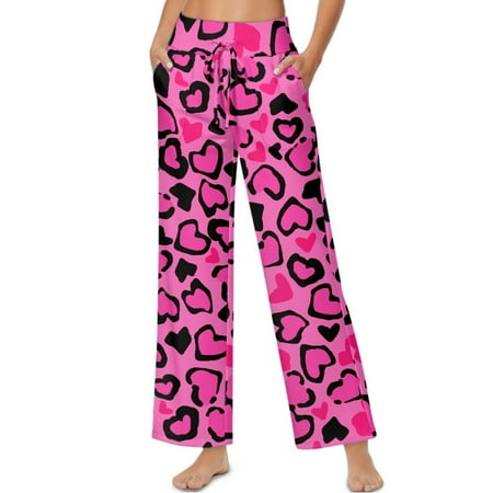 SCRAWLGOD Valentine s Day Decor Heart Leopard Print Pink Violet Womens High Waist Wide Leg Pants Drawstring Fashionable Comfy Stretchy Lounge Trousers Flowy Loose Fit Slacks with Pockets S