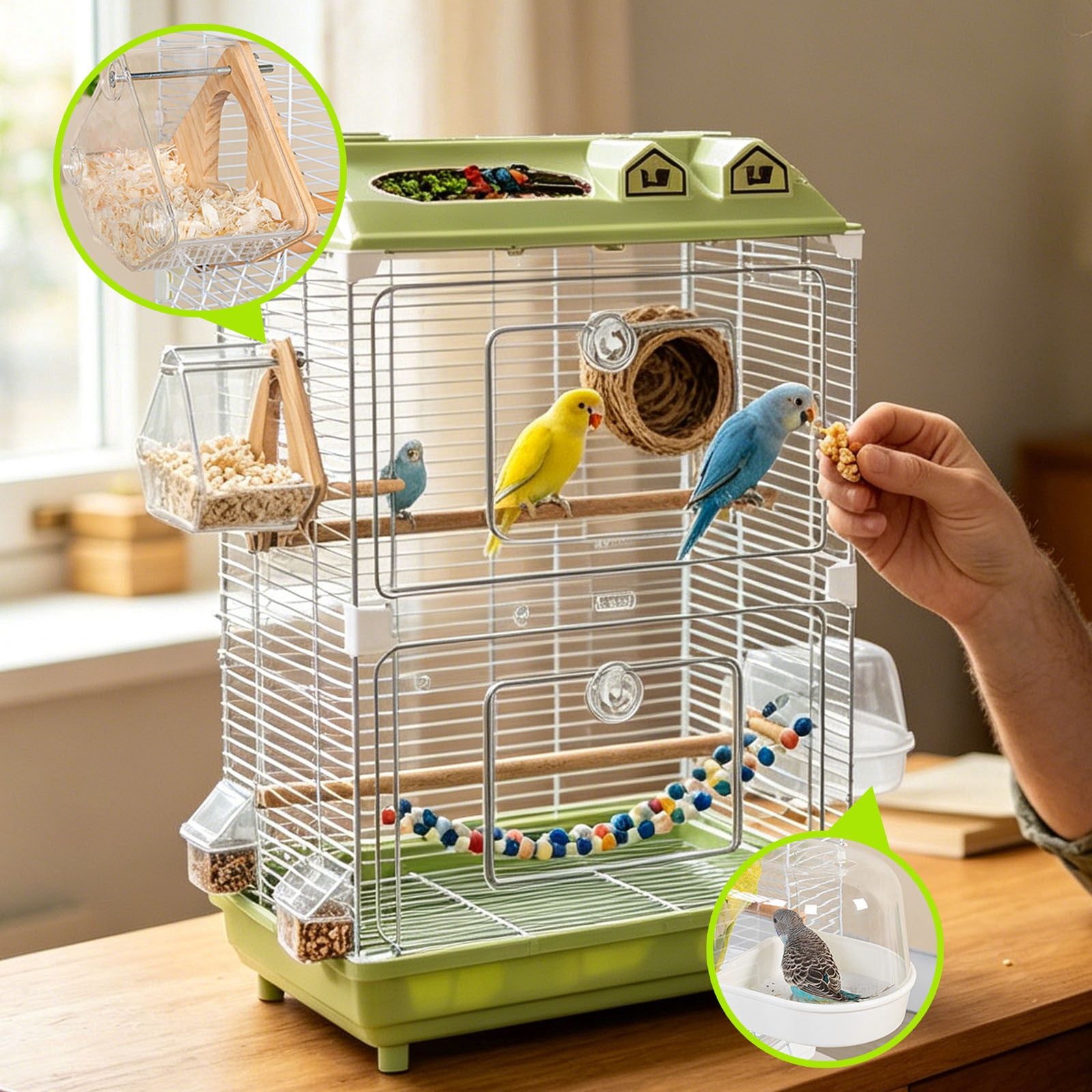 Large Wrought Iron Rolling Bird Cage with Detachable Stand Spacious Flight Aviary for Parakeets Finches Small Pet Birds | 18.50x11.81x30.31 in Green