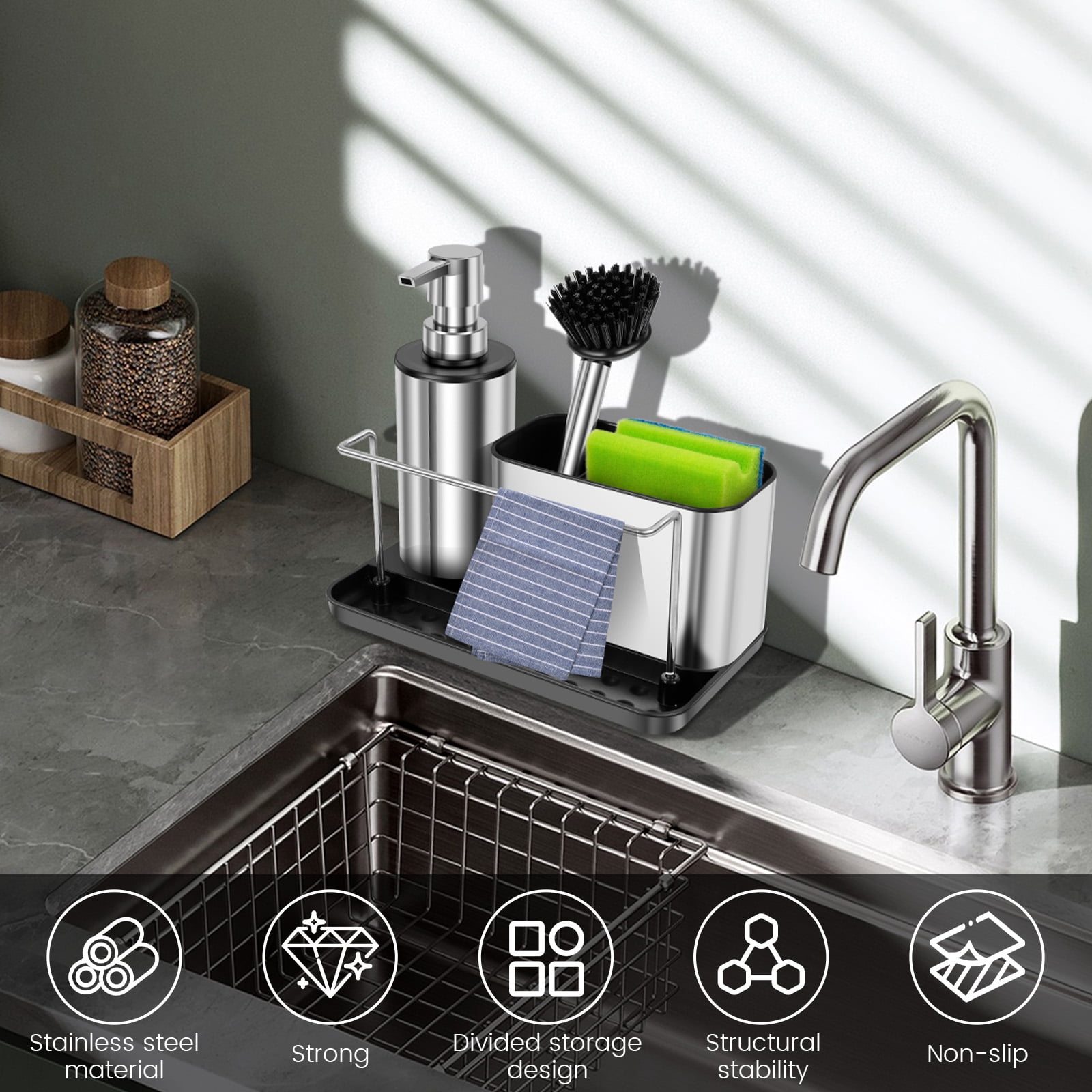 Kitchen Detergent Dispenser Stainless Steel Set with Brush Soap Dispenser and Sponge Holder Divided Storage Design for Galley