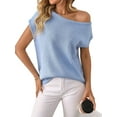 thumbnail image 2 of Womens Short Sleeve Off the Shoulder Sweaters Summer Vacation Going Out Tops Knit Pullover 2025 Light Blue L, 2 of 8