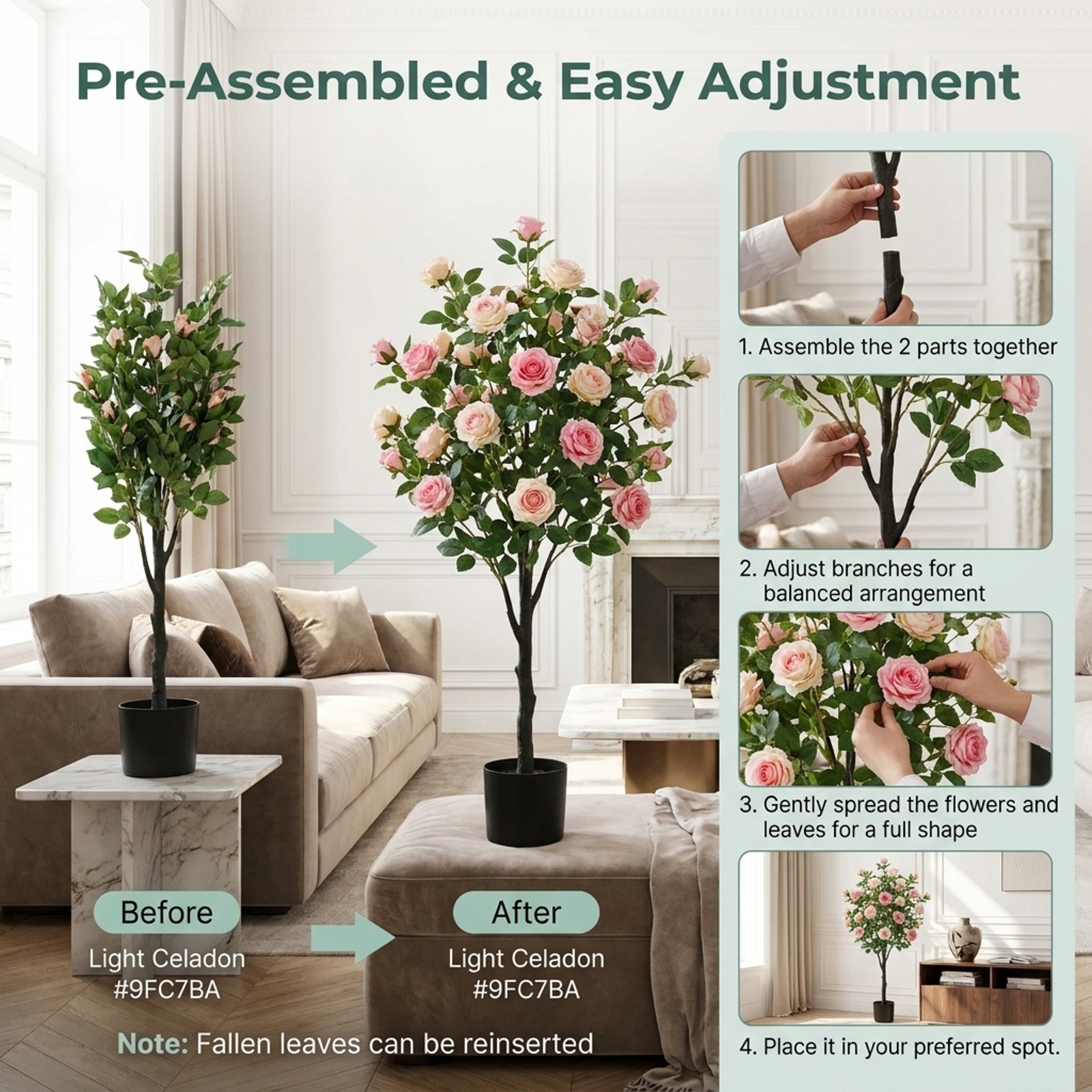 Vebreda Artificial Plant Decor, Artificial Camellia Tree with 27 Blossoms in Cement Pot for Home, Realistic Floral Details, Built to Last