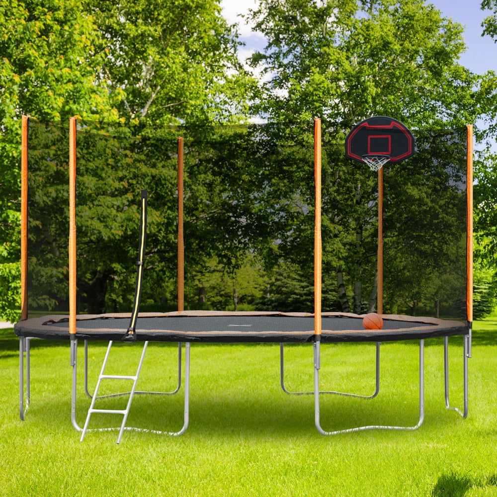 Outdoor Trampoline for Kids, 14 FT Trampoline with Safety Enclosure Net and Basketball Goal for Kids Adults, Family Exercise Combo Bounce Rebounder Trampoline, Including All Accessories, JA2878