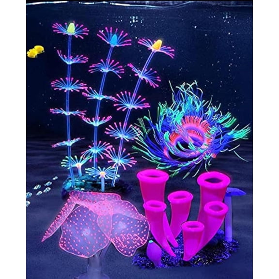 VNEKVA 4PCS Glowing Artificial Aquarium Decorations – Silicone Coral Reef Plants for Fish Tanks, Small & Large Bowls – Glow Effect Under LED Light