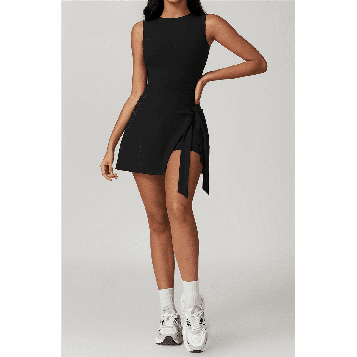 Womens High Neck Tennis Dress Sleeveless Wrap Skirt Built in Shorts Golf Athletic Dress Workout Rompers Advanced Black S