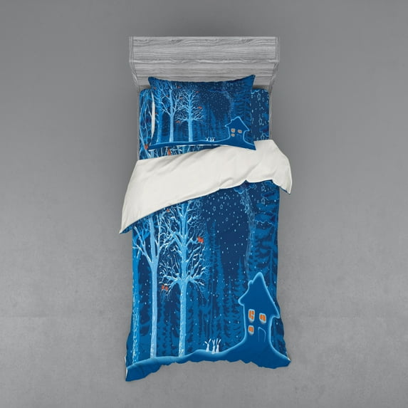 Ambesonne Forest Bedding Set 3 Pcs, Winter Scenery with Show, Twin, Orange Violet Blue
