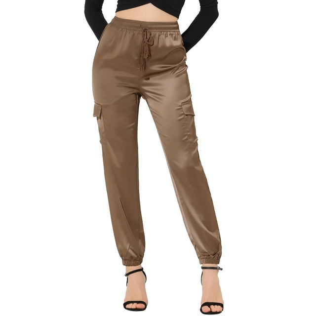 Unique Bargains Women's High Rise Silky Satin Cargo Pants, Tan, L