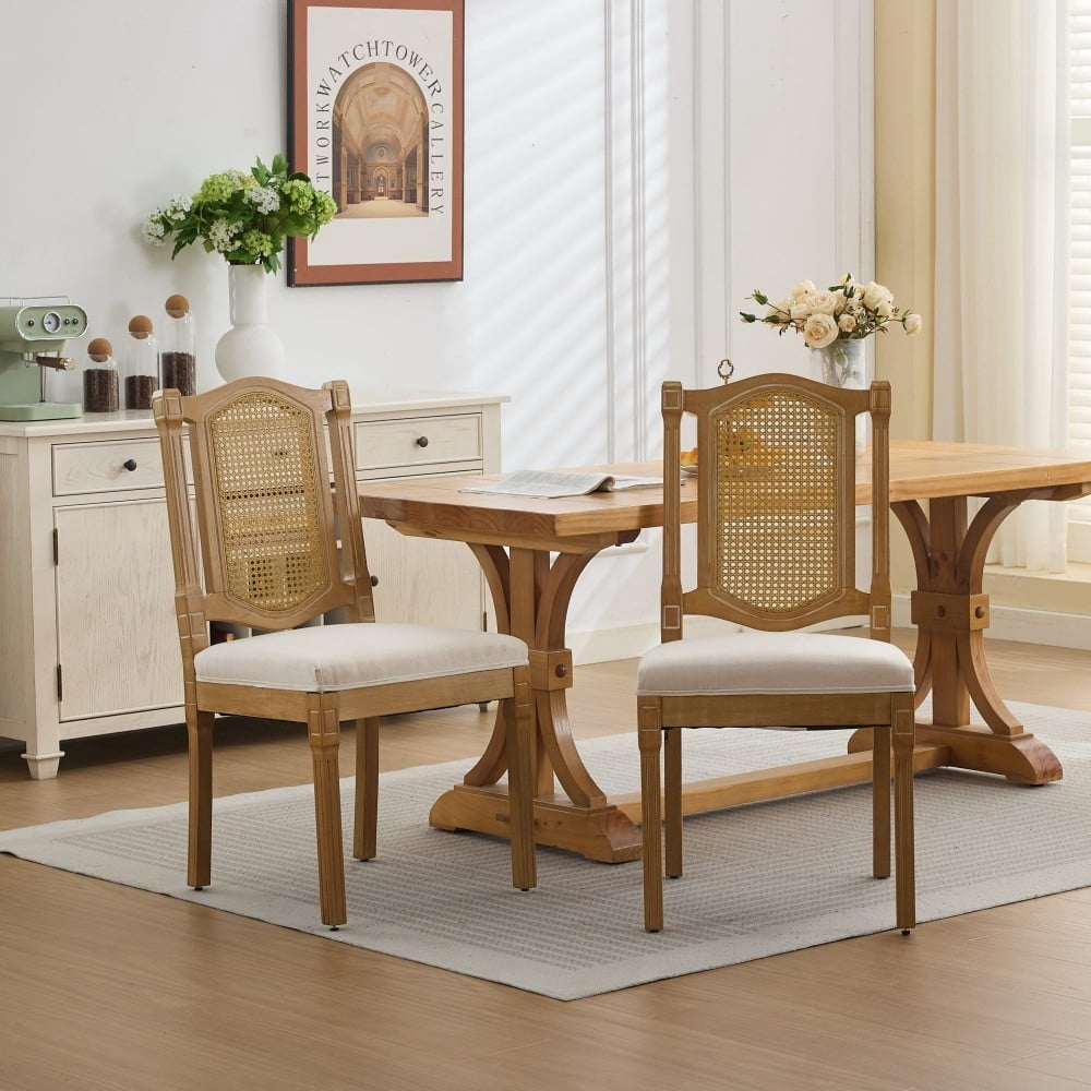 Rattan Dining Chairs Set of 2, Solid Wood Kitchen Chairs with High Rattan Backrest, Matte Linen Cushion, Foam & S-Springs, Beige