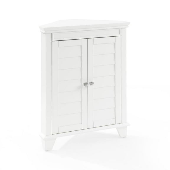 Maykoosh Southwestern Sanctuary Triangular Wood Home Storage 2 Door Corner Storage Cabinet In White, 2 Adjustable And Removable Shelves, Mullion And Accent Door, 12"D X 22"W X 28.88"H