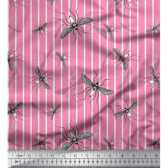 Soimoi Pink Silk Fabric Stripe & Mosquito Insects Print Fabric by the Yard 42 Inch Wide