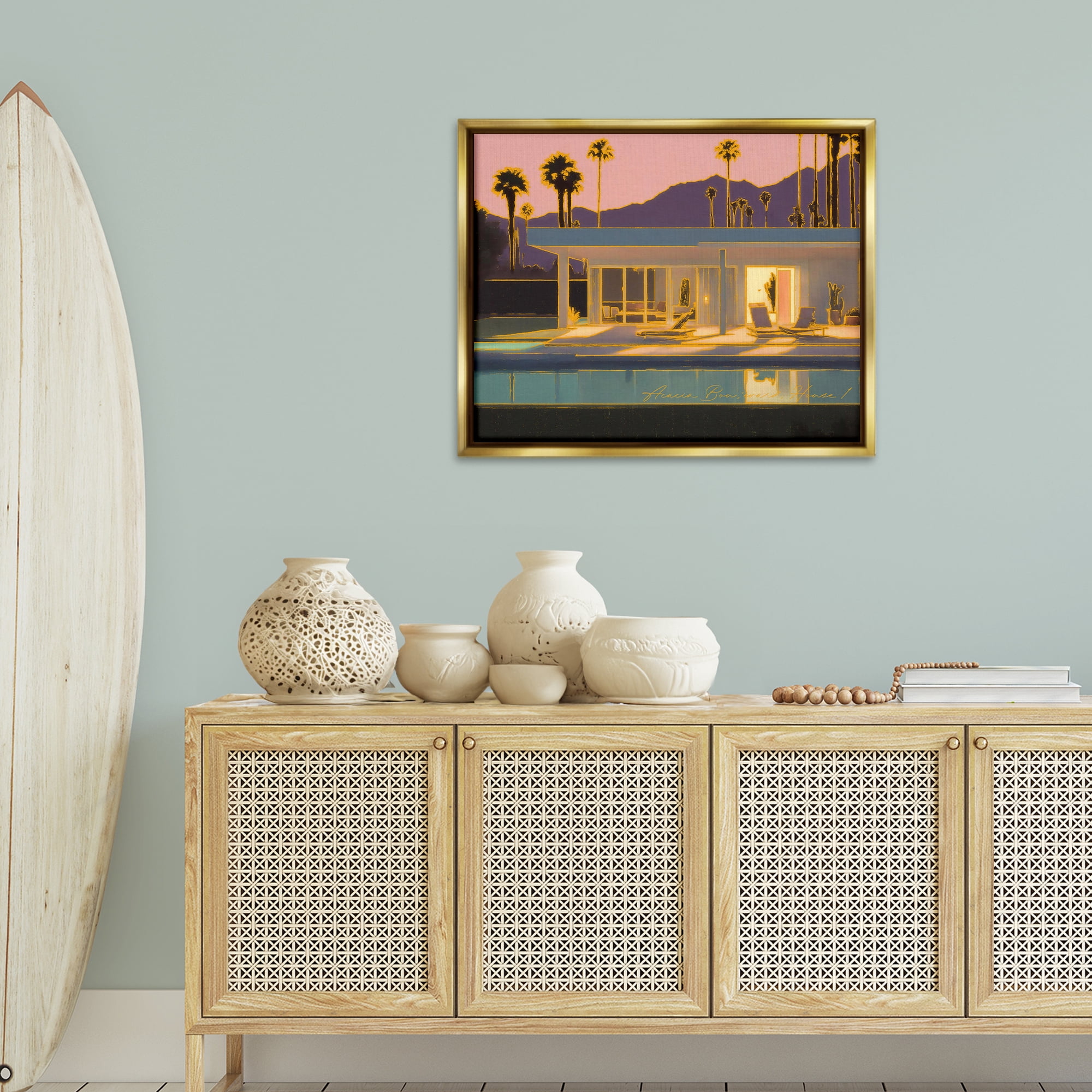 Stupell Industries Sunset Glow Summer Pool Landscape & Nature Painting Gold Floater Framed Canvas Art Print Wall Art, 31 x 25