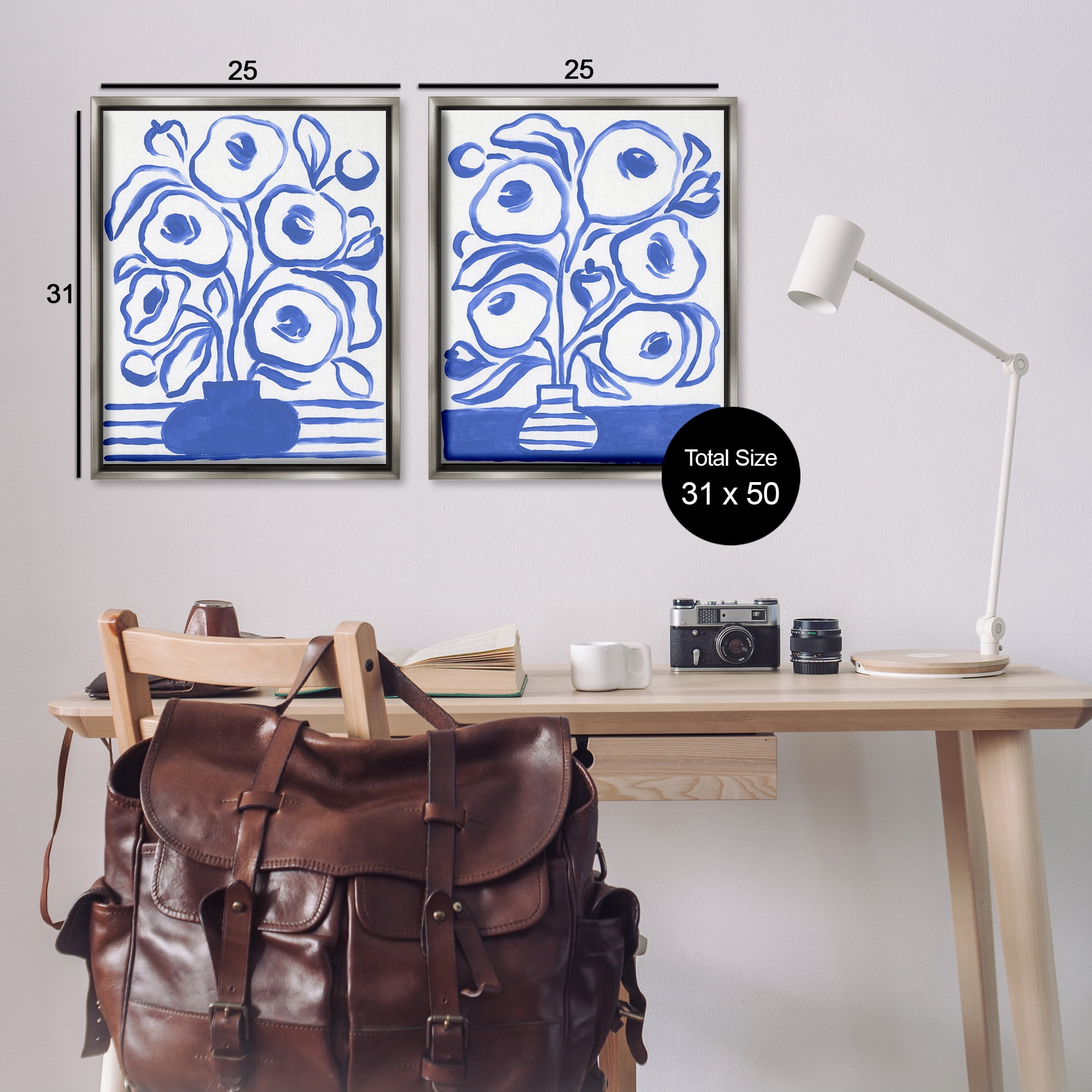 Stupell Industries Modern Blue Floral Vase Plants & Flowers Painting Gray Floater Framed Canvas Art Print Wall Art, 31 x 25, Set of 2