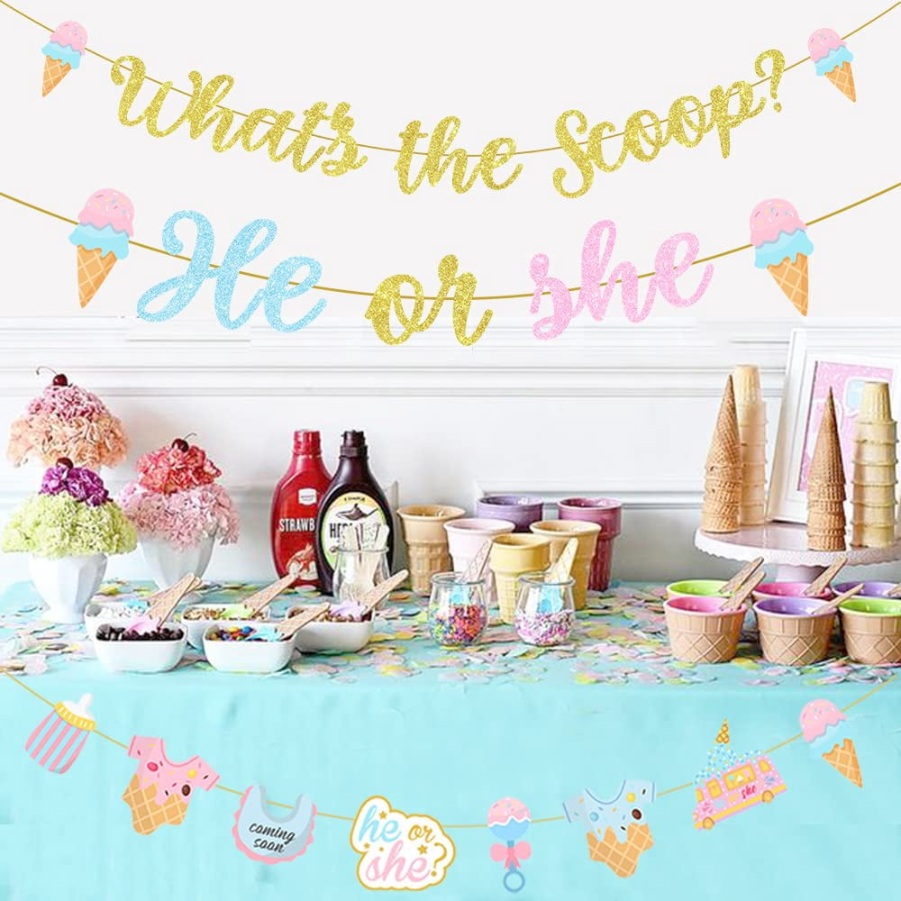 3er-Set Eiscreme-Wimpel „What's The Scoop?“ – Deko Für Babyparty, Geschlechtsoffenbarung