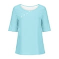 thumbnail image 4 of Lovskoo Linen Summer Tops for Women 2024 Round Neck Short Sleeve Solid Color Casual Linen Knot Button Top Blue, 4 of 6