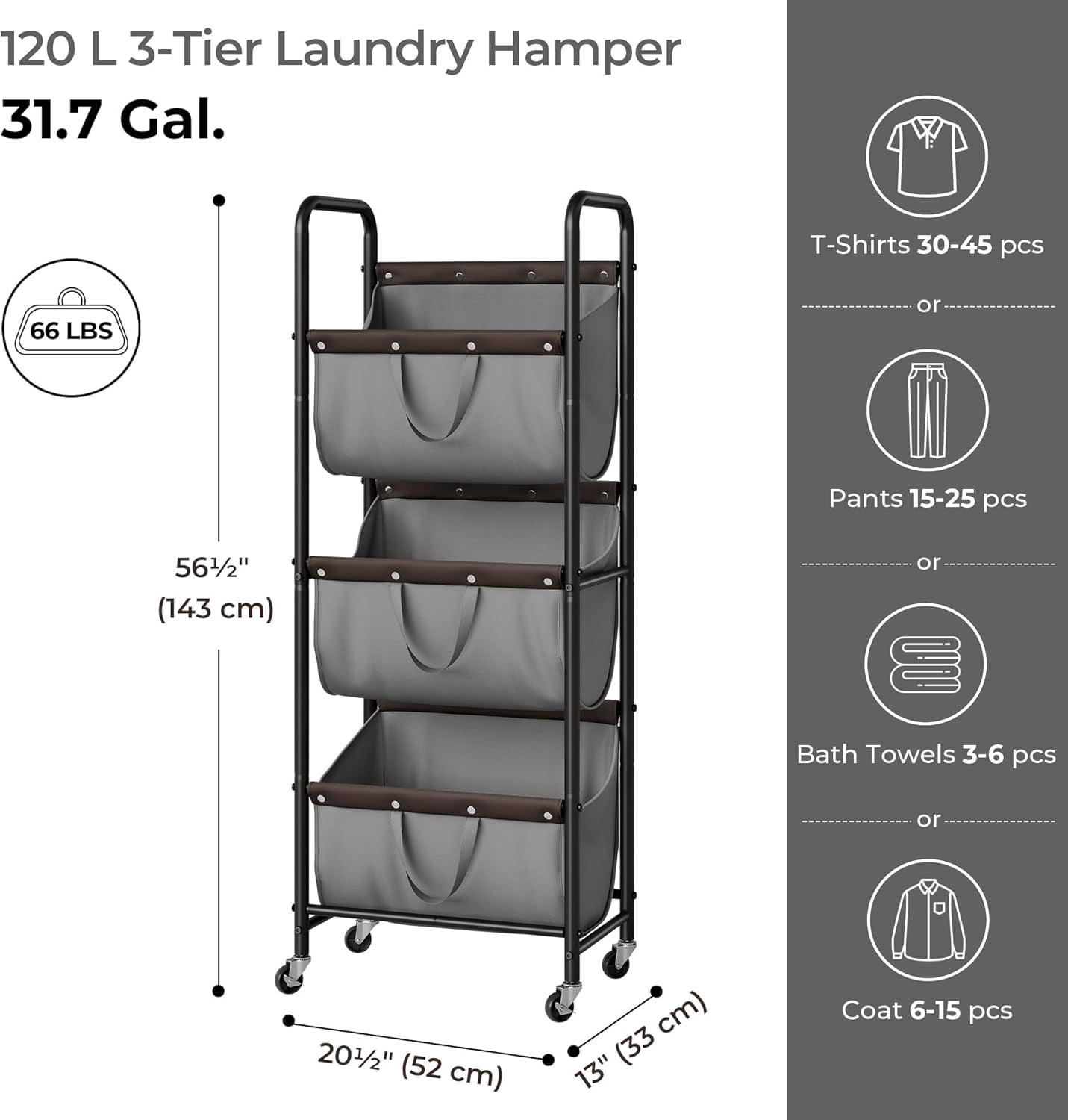GRANNY SAYS 3 Tier Laundry Basket with Wheels, 120L Rolling Laundry Hamper Sorter, Metal Frame Laundry Organizer, 3 Bin Removable Bags, Gray